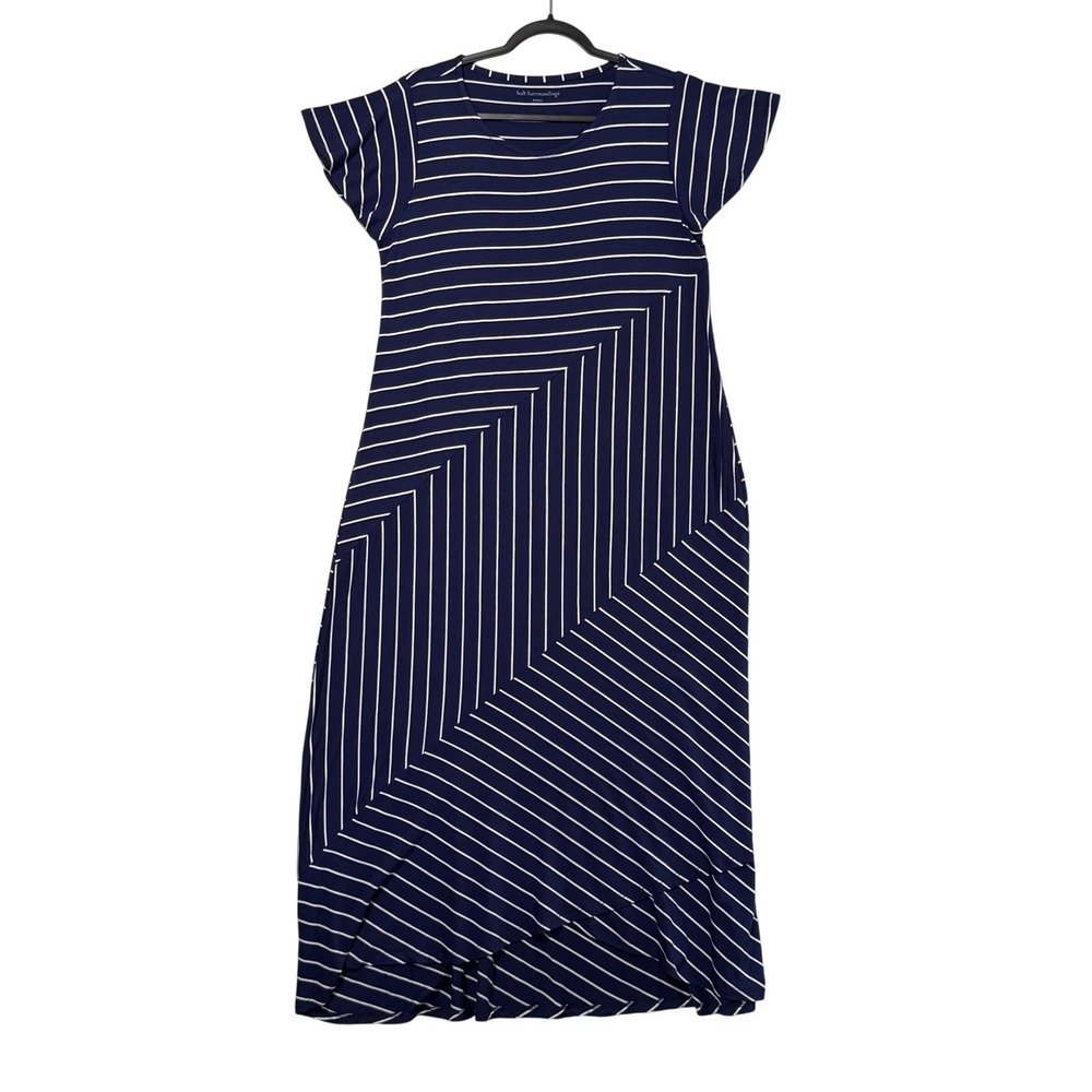Soft Surroundings Navy Striped Cap Sleeve Maxi Dress Coastal Nautical Medium